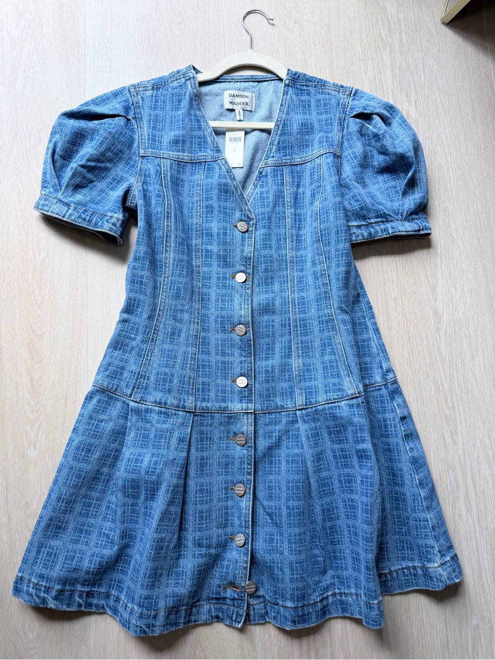 Anthropologie Blue Button-Front Puff Sleeve Mini Dress
